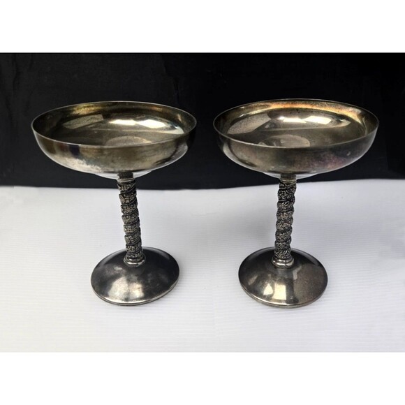 2 Vintage Roma S.L. Champagne Goblets Spain Twisted Grapevine Stem Silver Plate - Picture 3 of 14
